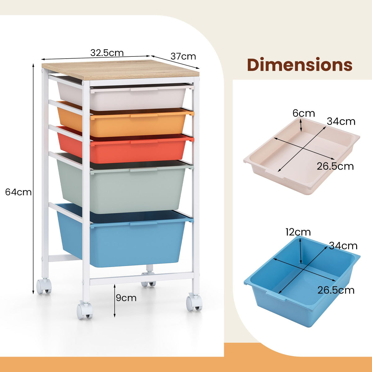 Rolling Storage Cart with 4/5/10 Drawers and Wooden Tabletop for Dorm and Classroom