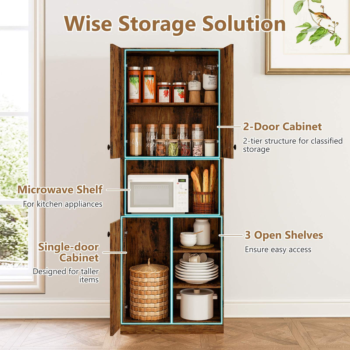Kitchen Pantry Storage Cabinet 166 cm Tall Modern Hutch Cabinet w/ Open Shelves