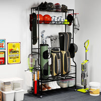3 Golf Bags Storage Garage Organizer with Wheels and Hooks