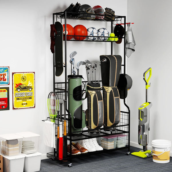 3 Golf Bags Storage Garage Organizer with Wheels and Hooks