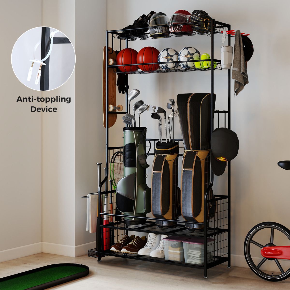 3 Golf Bags Storage Garage Organizer with Wheels and Hooks