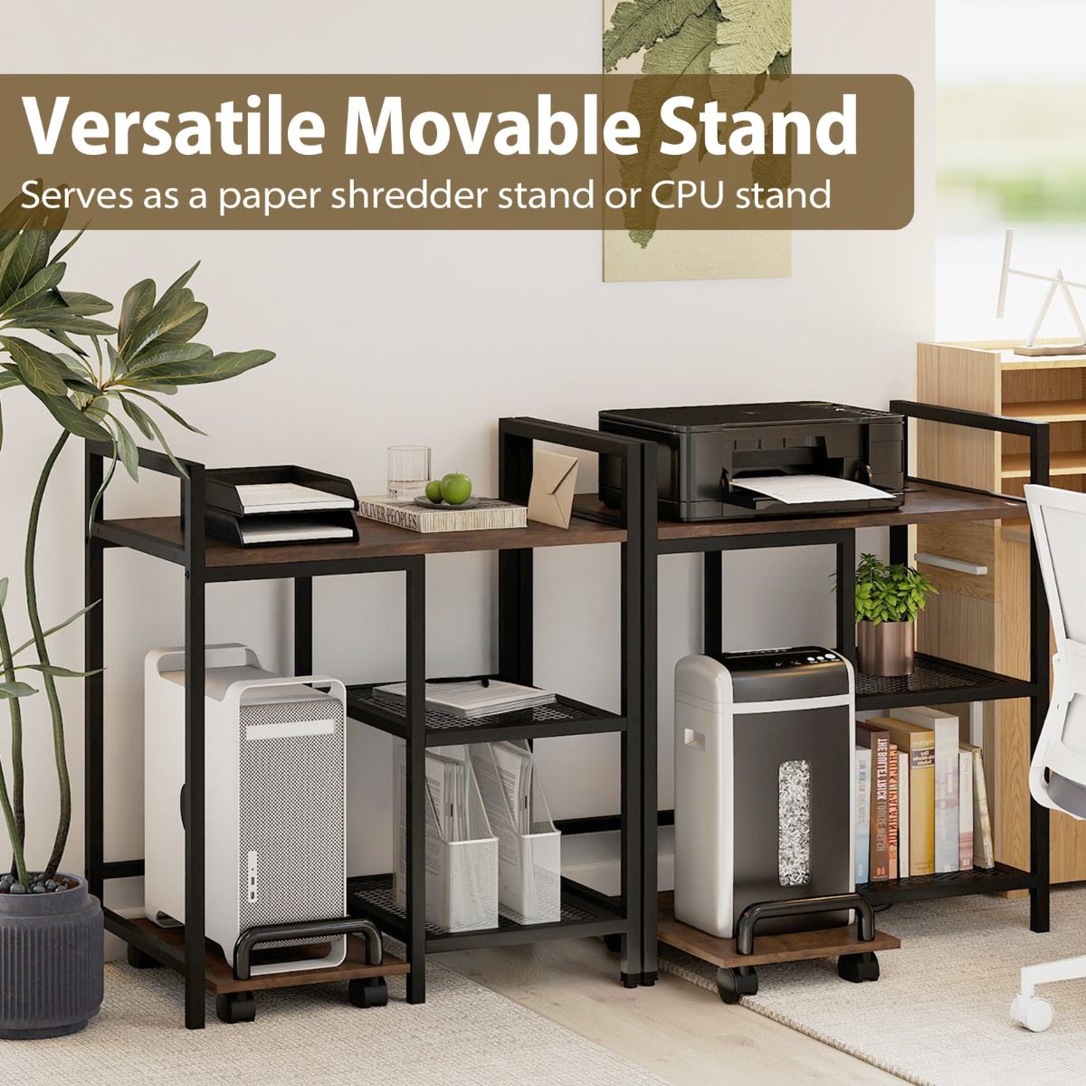 3-Tier Printer Table with Storage Shelves and Charging Station