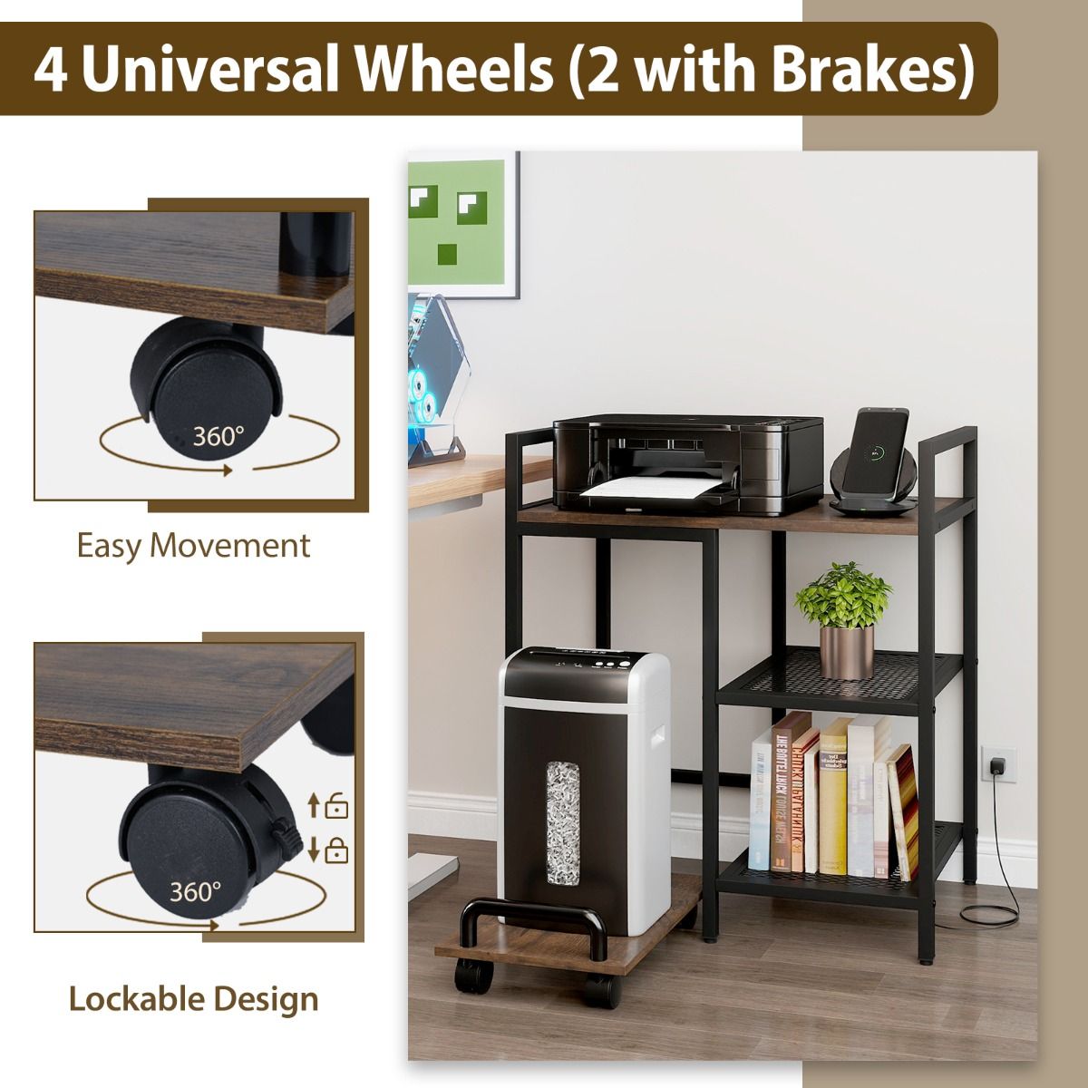 3-Tier Printer Table with Storage Shelves and Charging Station