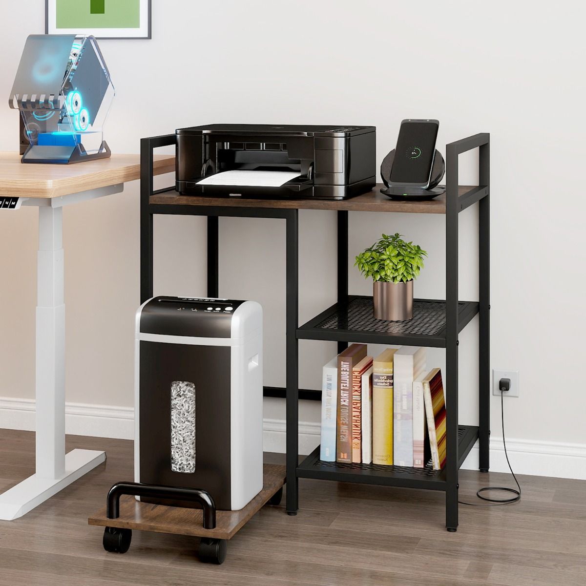 3-Tier Printer Table with Storage Shelves and Charging Station