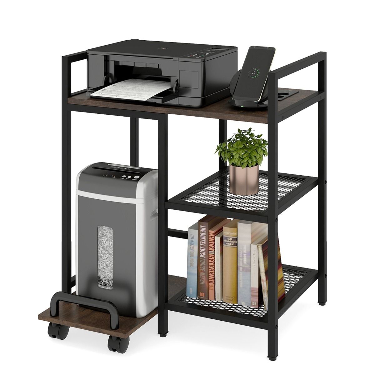 3-Tier Printer Table with Storage Shelves and Charging Station