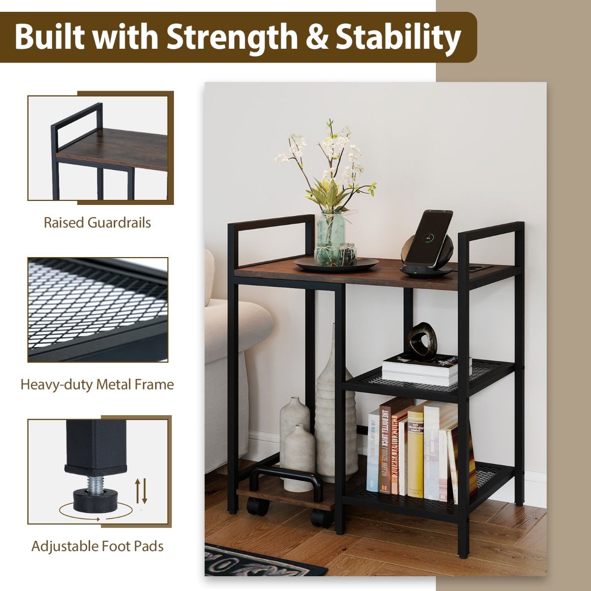 3-Tier Printer Table with Storage Shelves and Charging Station