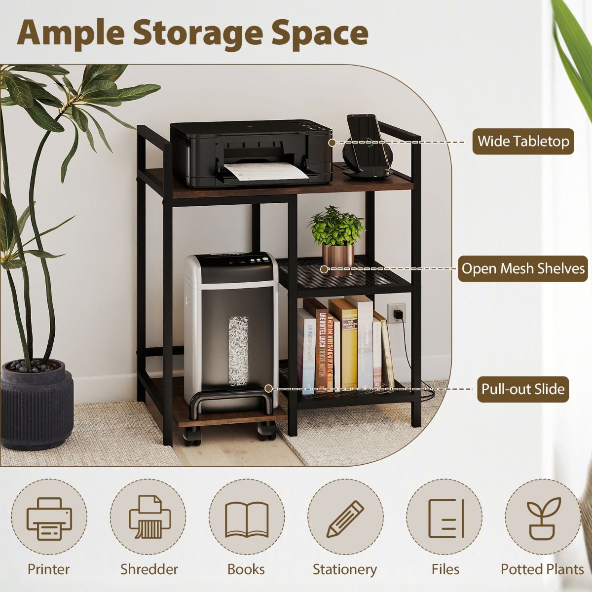 3-Tier Printer Table with Storage Shelves and Charging Station
