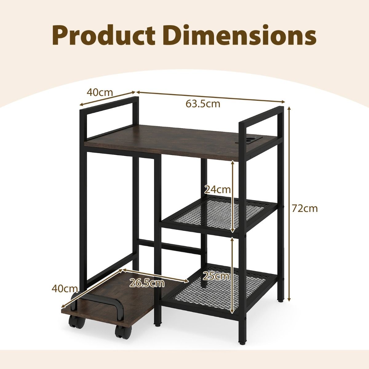 3-Tier Printer Table with Storage Shelves and Charging Station