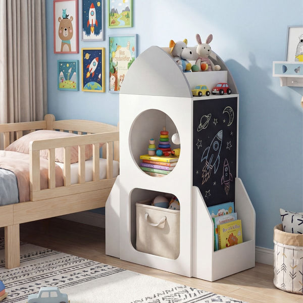 3-Tier Rocket Space Theme Kids Bookshelf with Chalkboard and Open Shelf