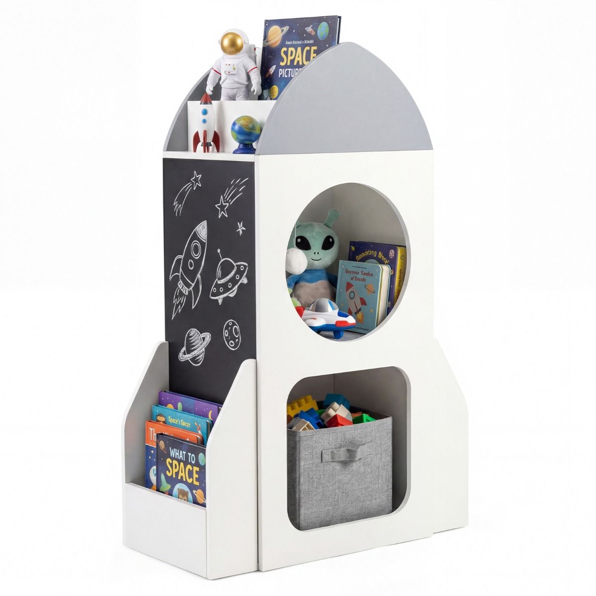 3-Tier Rocket Space Theme Kids Bookshelf with Chalkboard and Open Shelf