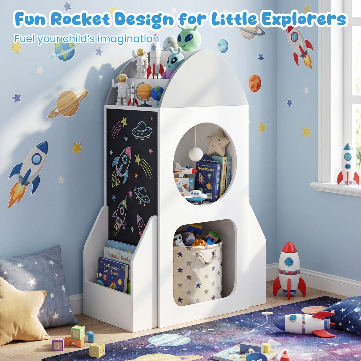 3-Tier Rocket Space Theme Kids Bookshelf with Chalkboard and Open Shelf
