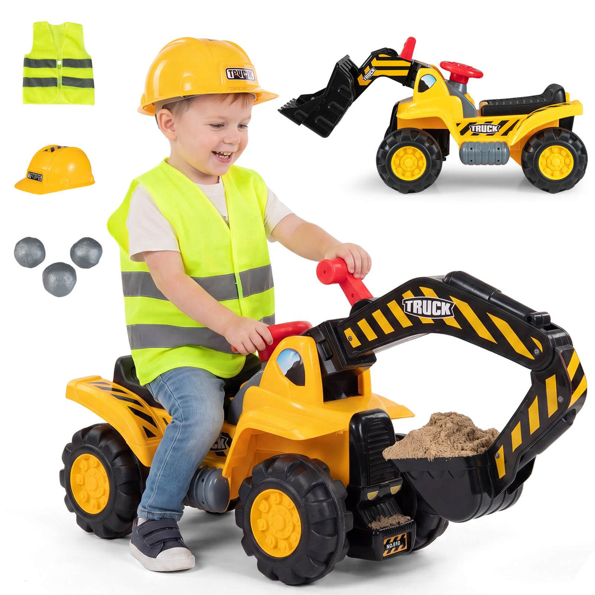Kids Ride On Bulldozer Toy Pretend Truck with Adjustable Bucket and Sound
