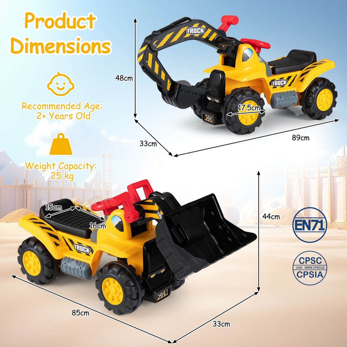 Kids Ride On Bulldozer Toy Pretend Truck with Adjustable Bucket and Sound