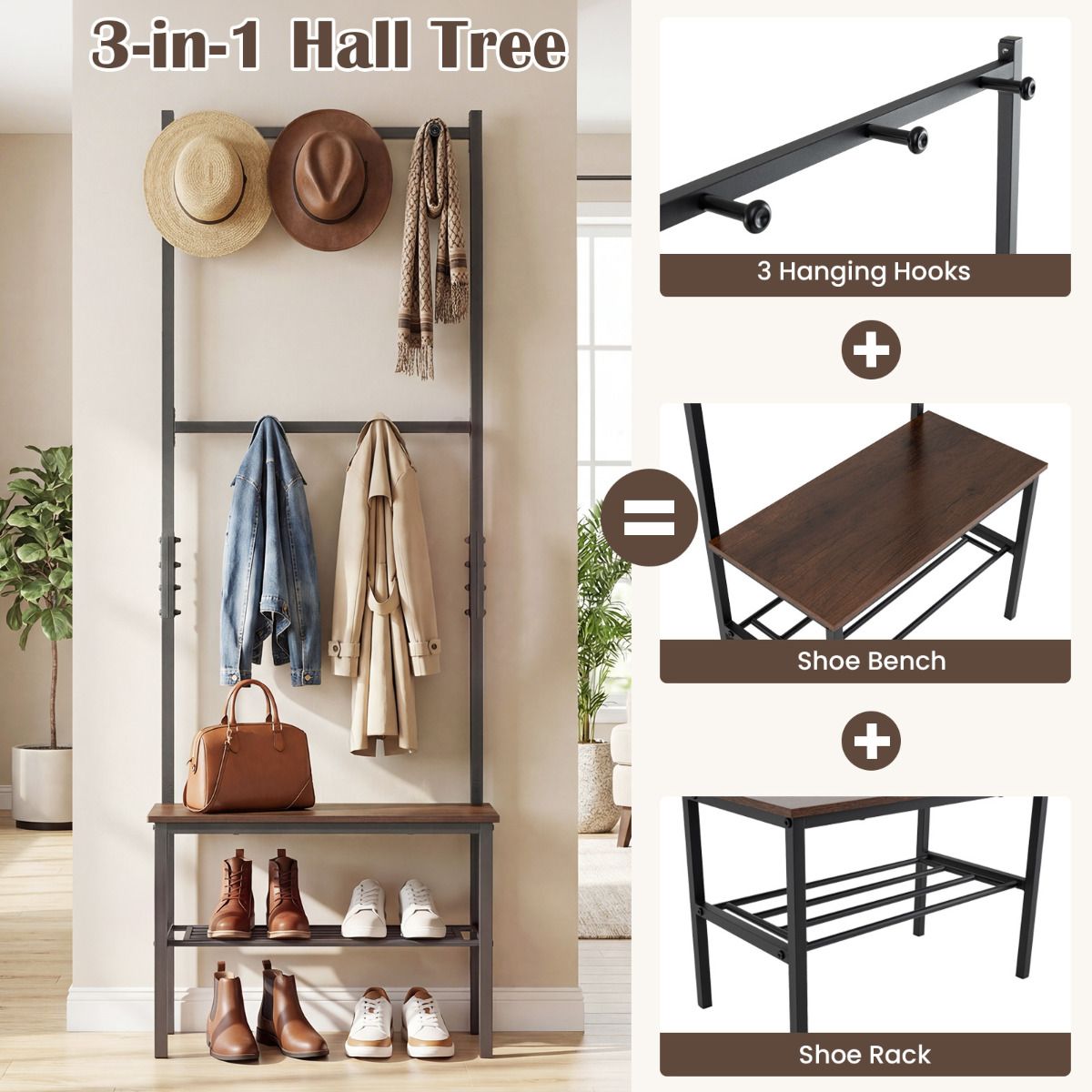 3-in-1 Hall Tree Entryway Bench with Hooks and Shoe Storage