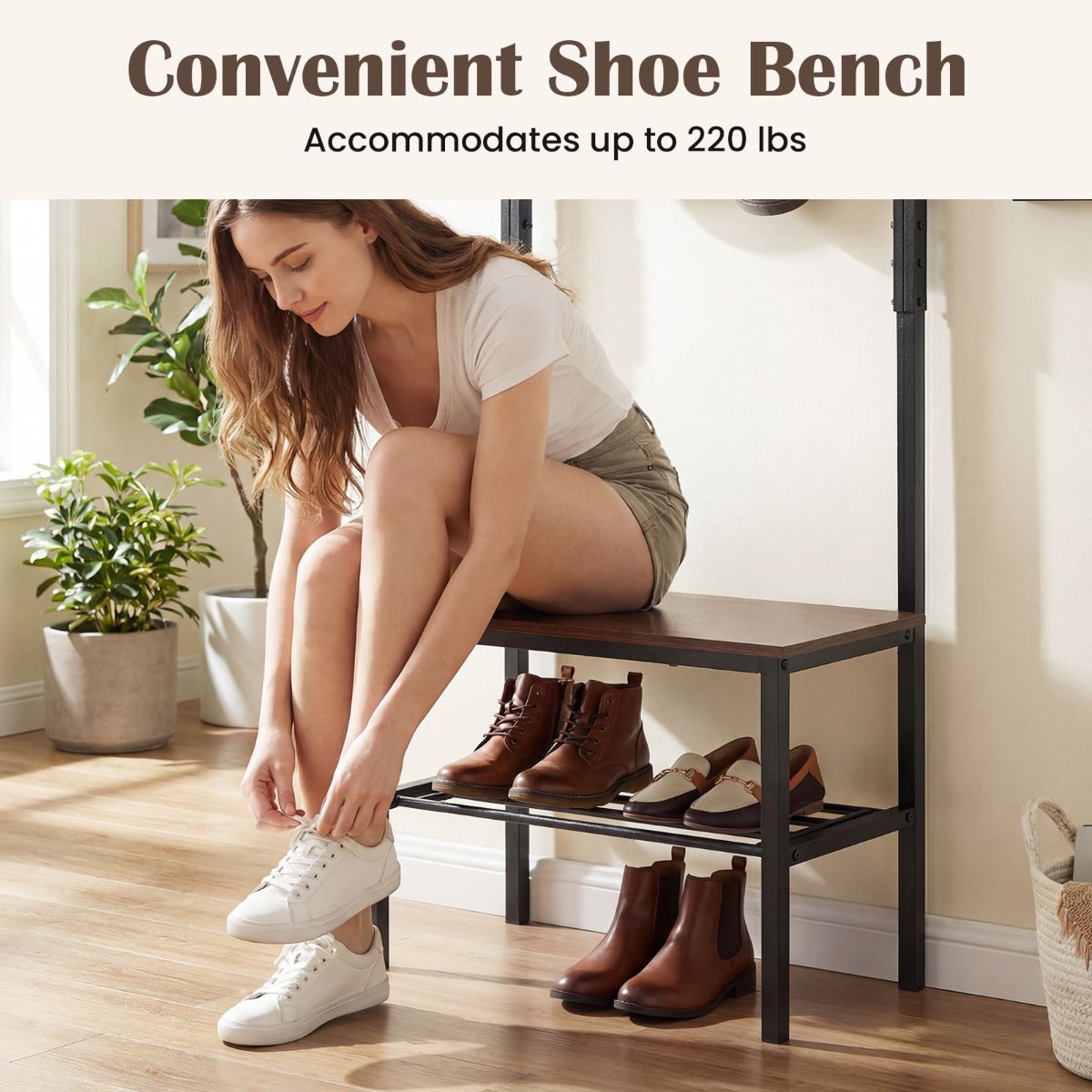 3-in-1 Hall Tree Entryway Bench with Hooks and Shoe Storage