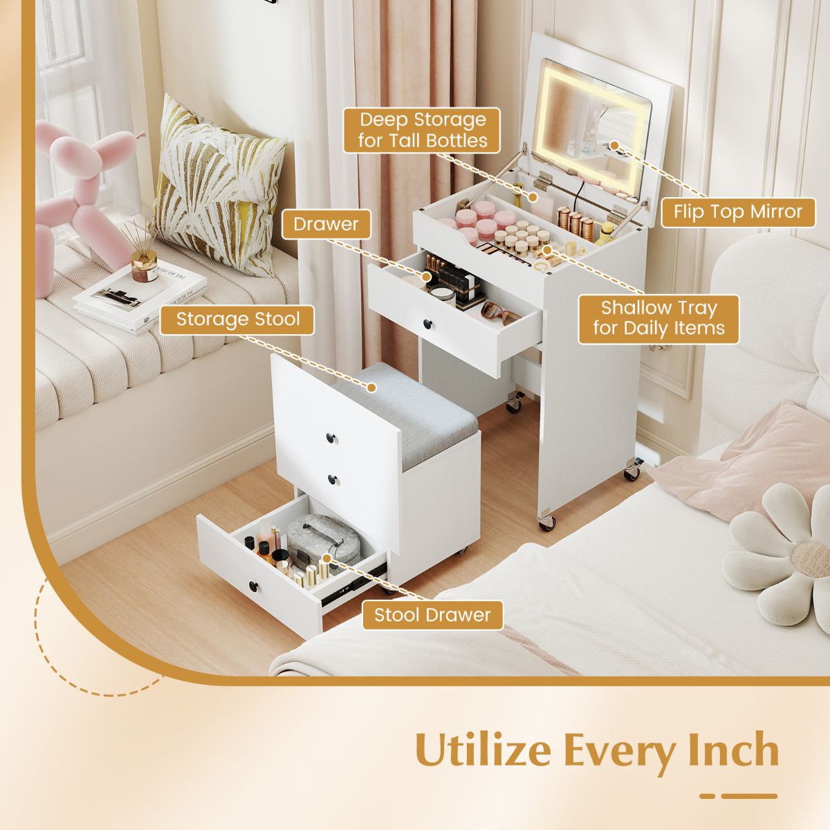 3-in-1 Small Vanity Desk Set with Flip-top Mirror and Lights