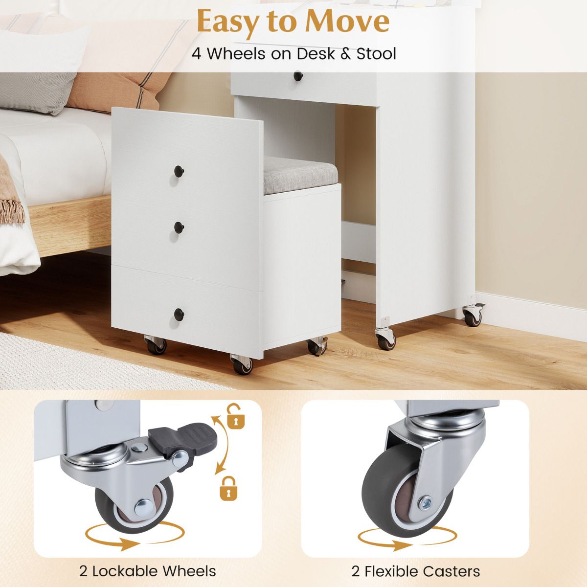 3-in-1 Small Vanity Desk Set with Flip-top Mirror and Lights
