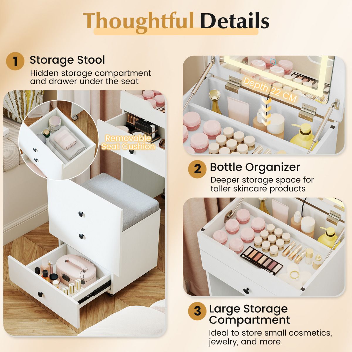 3-in-1 Small Vanity Desk Set with Flip-top Mirror and Lights