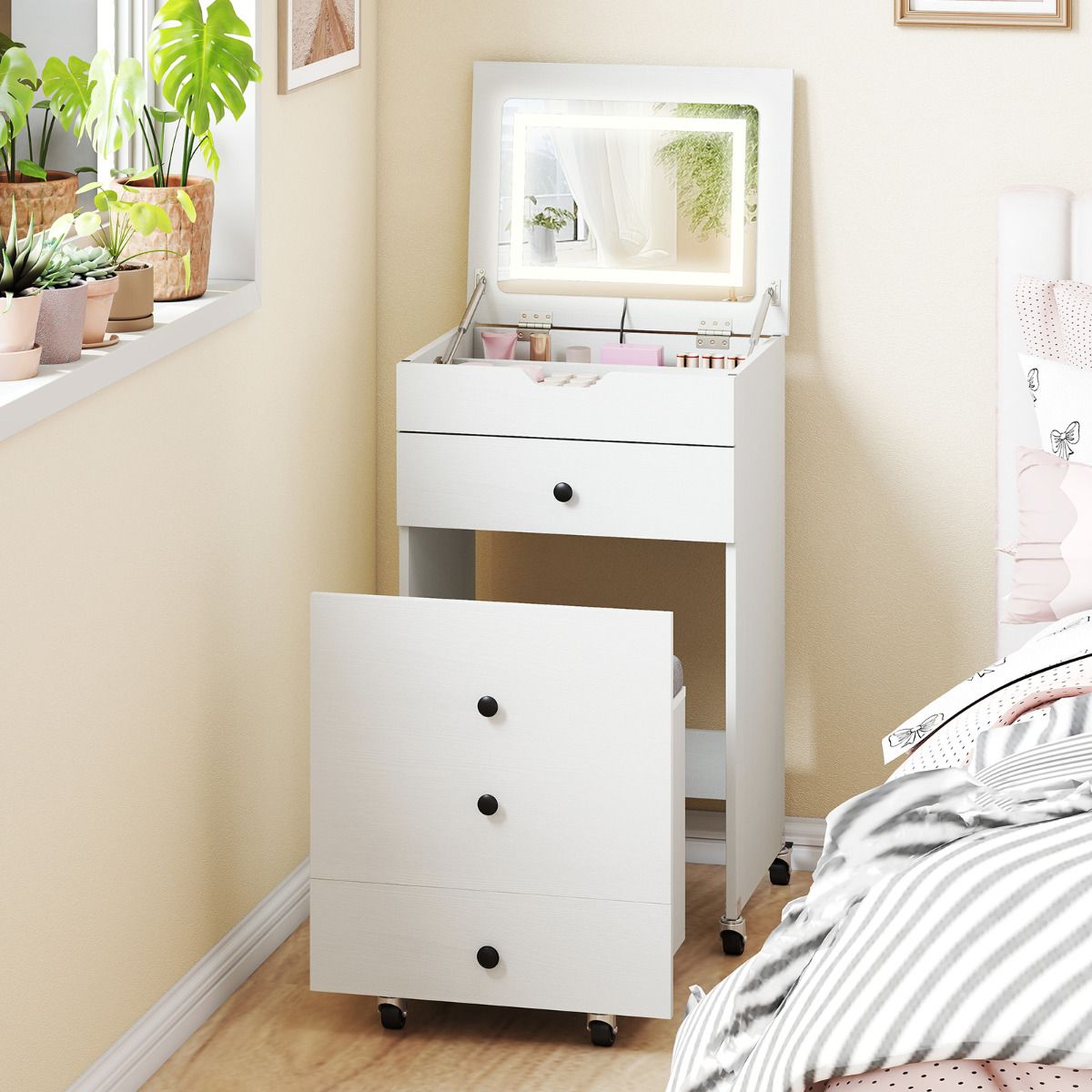 3-in-1 Small Vanity Desk Set with Flip-top Mirror and Lights