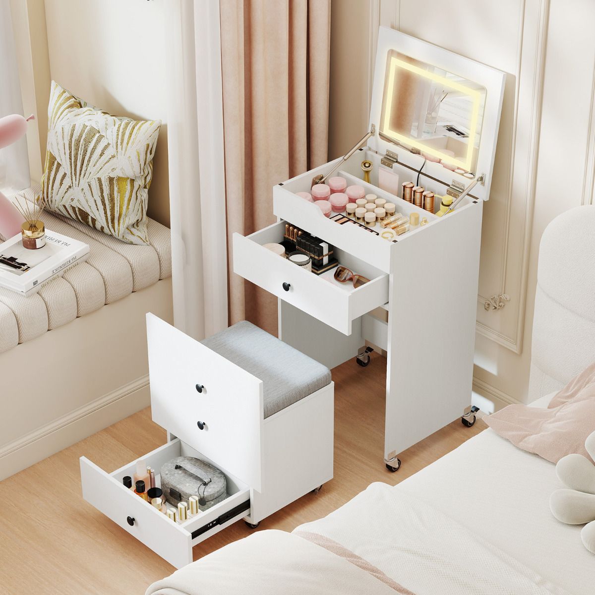 3-in-1 Small Vanity Desk Set with Flip-top Mirror and Lights