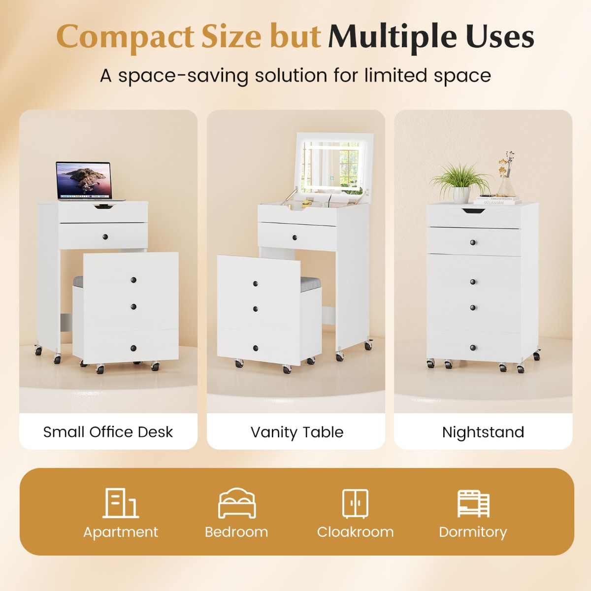 3-in-1 Small Vanity Desk Set with Flip-top Mirror and Lights