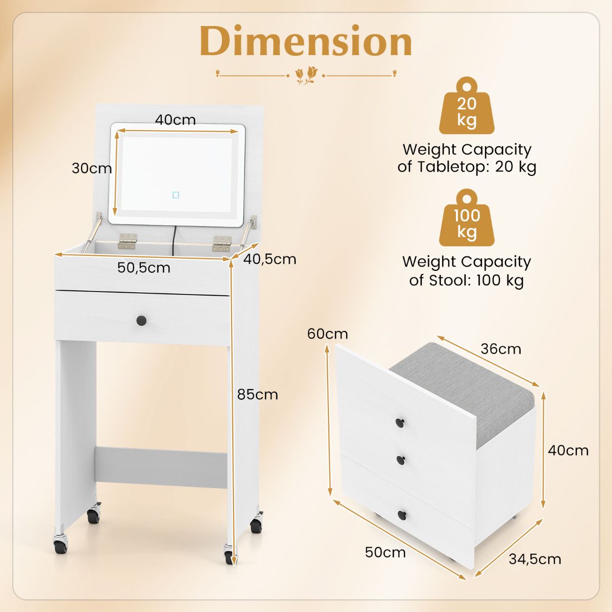 3-in-1 Small Vanity Desk Set with Flip-top Mirror and Lights