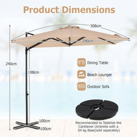 3m Cantilever Patio Umbrella Heavy-duty Offset Hanging Umbrella with 360° Rotation