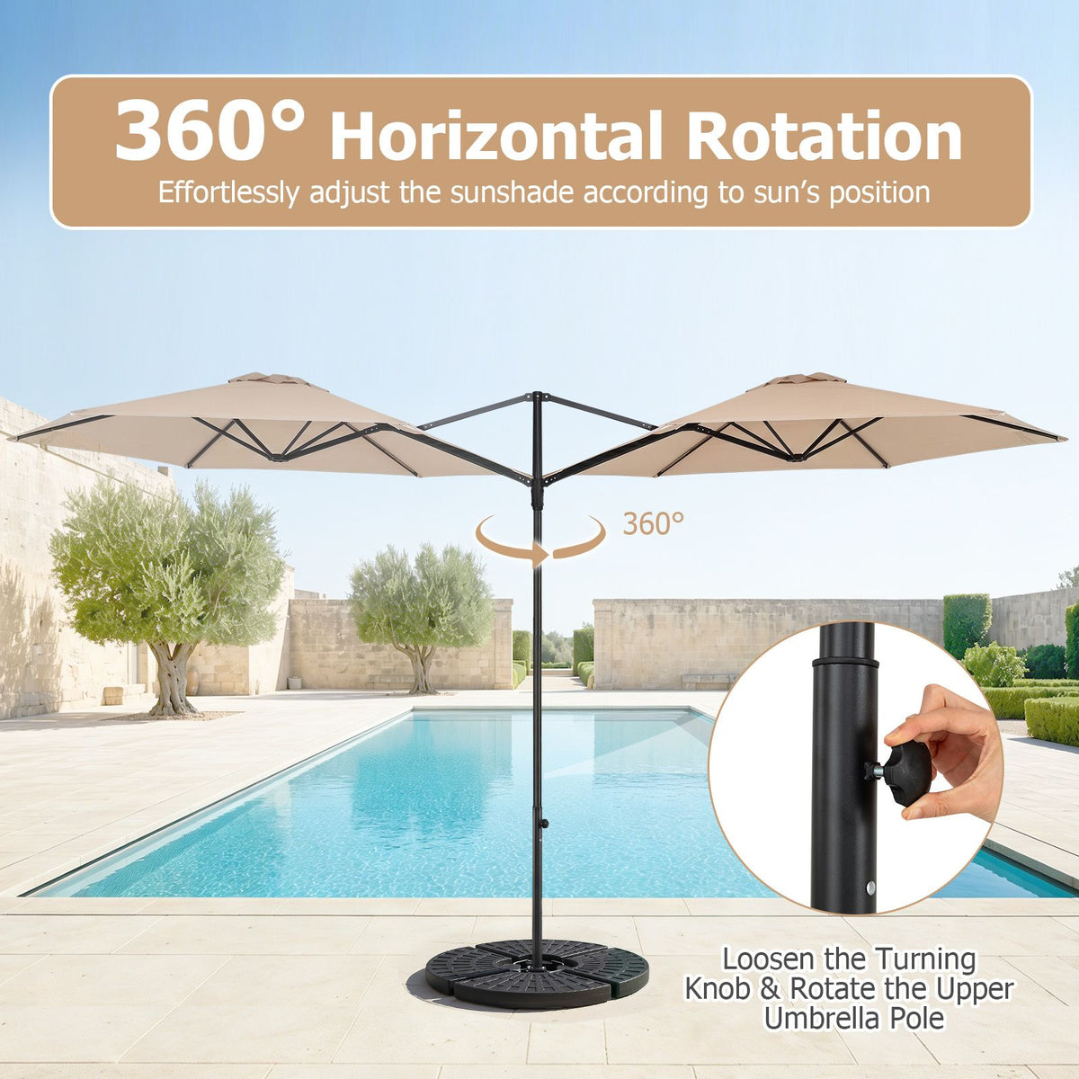 3m Cantilever Patio Umbrella Heavy-duty Offset Hanging Umbrella with 360° Rotation