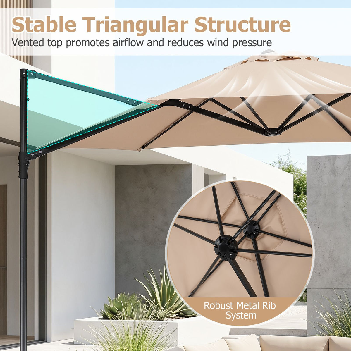 3m Cantilever Patio Umbrella Heavy-duty Offset Hanging Umbrella with 360° Rotation