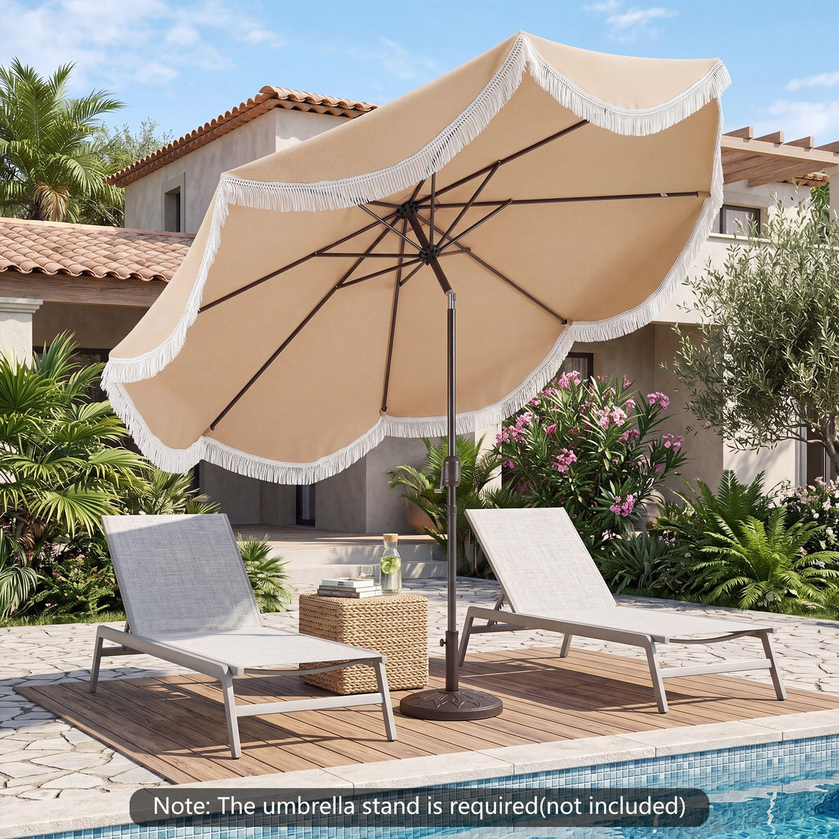 3m Patio Tassel Umbrella with Fringe and Push Button Tilt