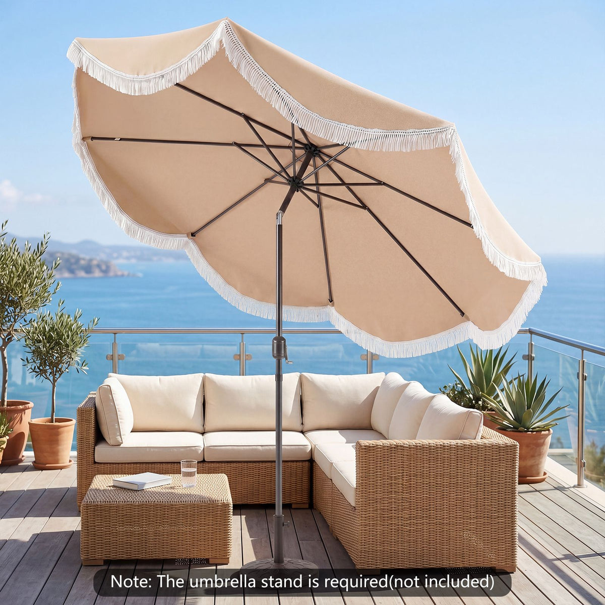 3m Patio Tassel Umbrella with Fringe and Push Button Tilt