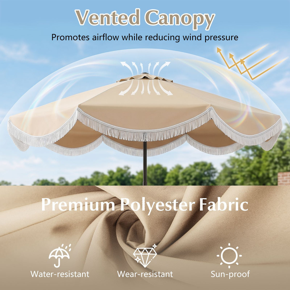 3m Patio Tassel Umbrella with Fringe and Push Button Tilt