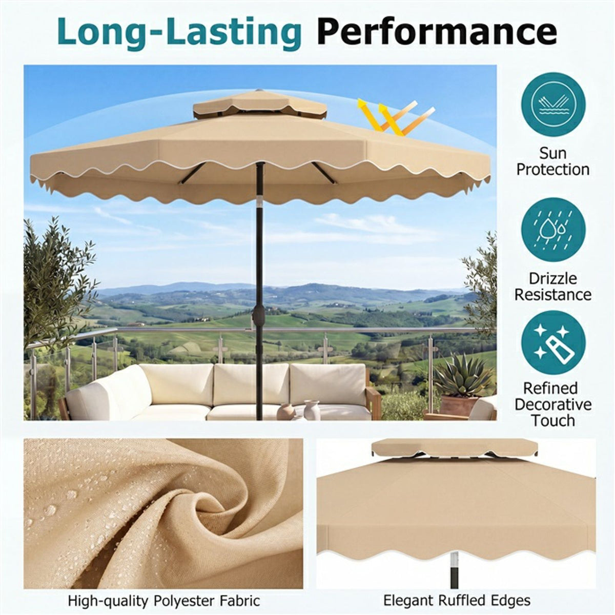 3m Patio Umbrella with Push Button Tilt and Crank with 8 Metal Ribs