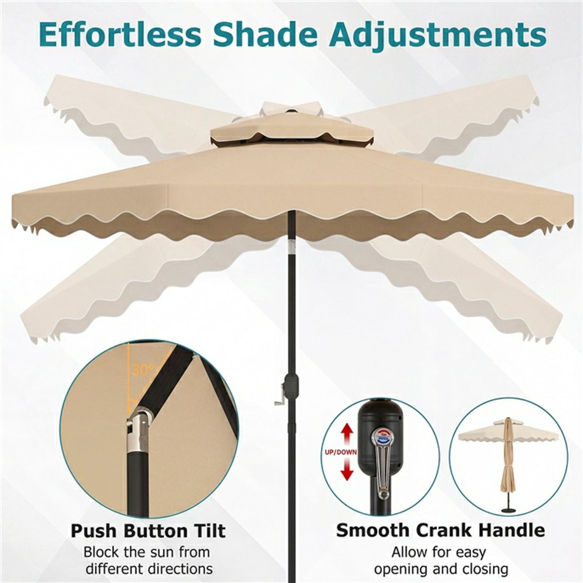 3m Patio Umbrella with Push Button Tilt and Crank with 8 Metal Ribs