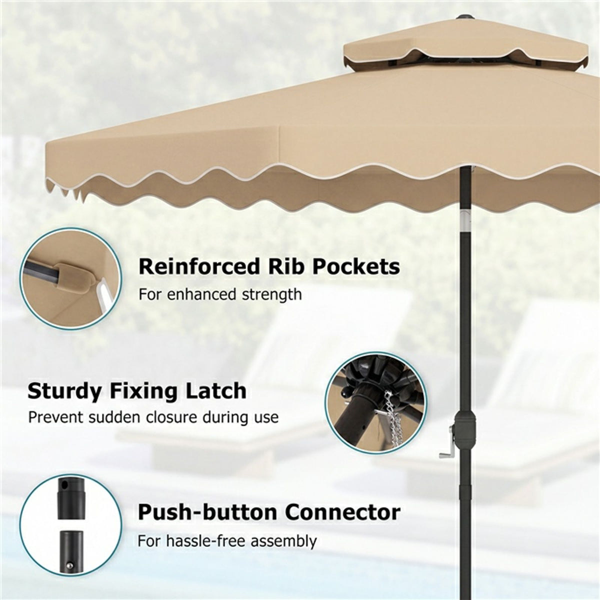 3m Patio Umbrella with Push Button Tilt and Crank with 8 Metal Ribs