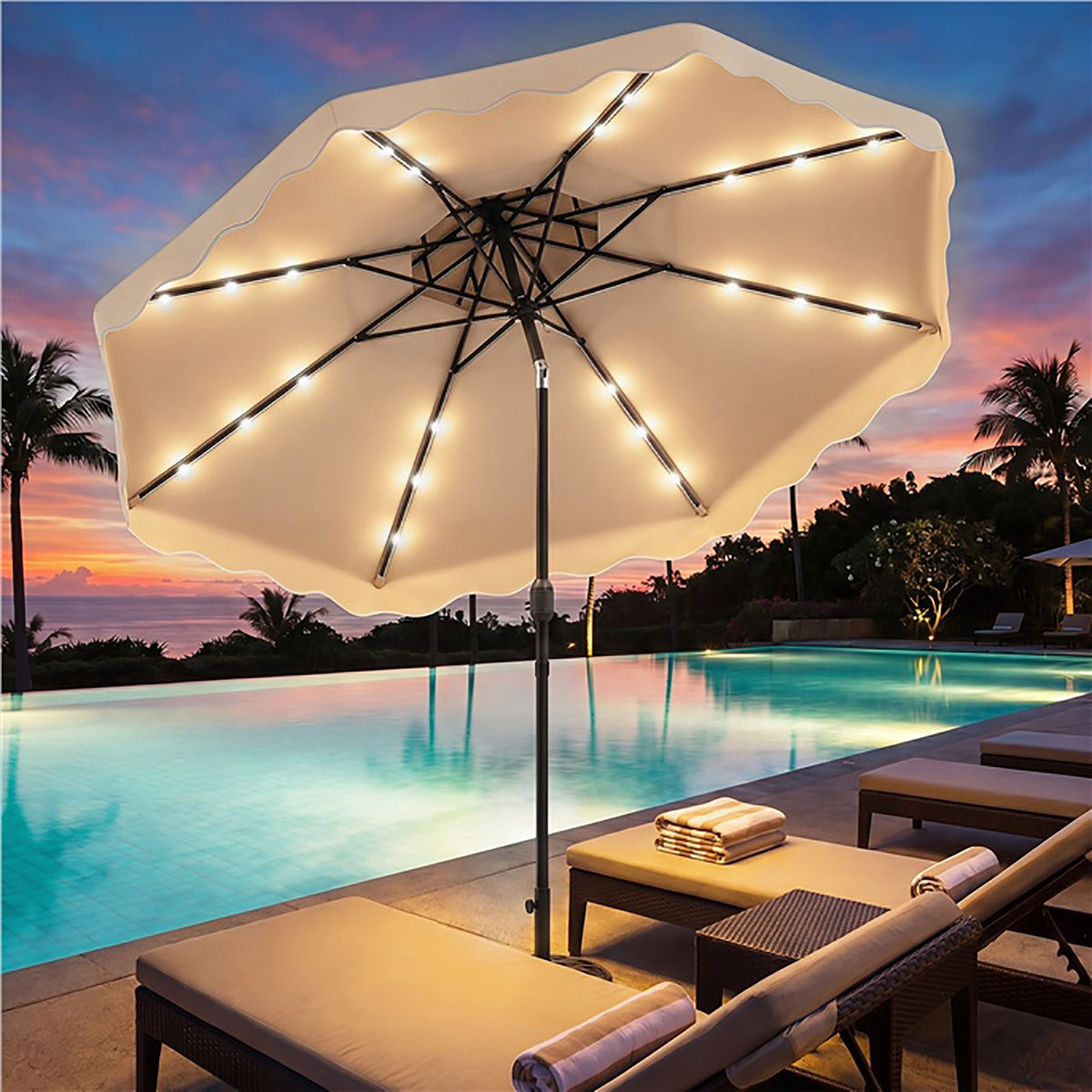 3m Solar LED Patio Umbrella with 24 Lights and 2 Tier Vented Canopy