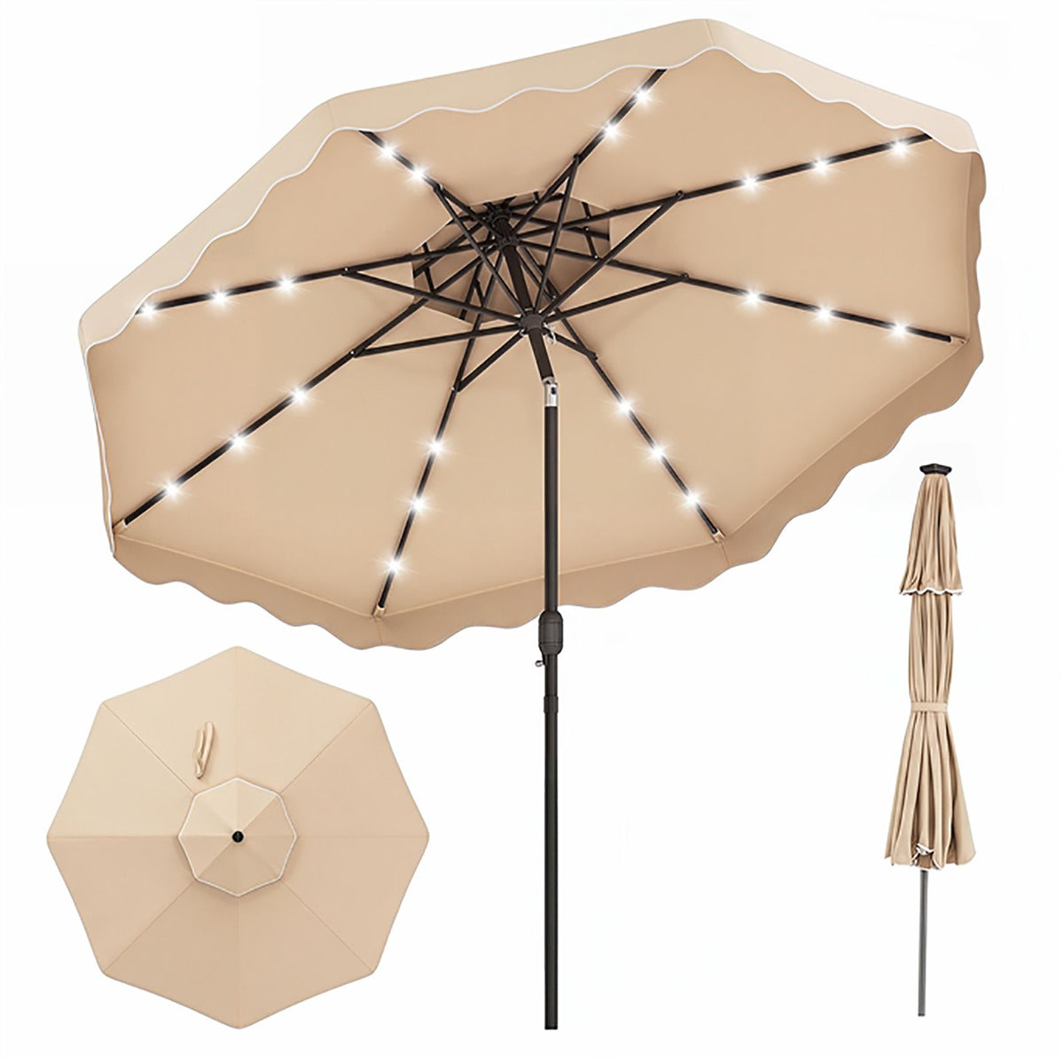 3m Solar LED Patio Umbrella with 24 Lights and 2 Tier Vented Canopy