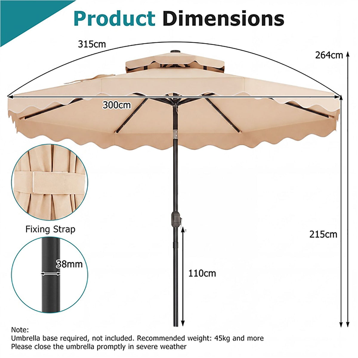 3m Solar LED Patio Umbrella with 24 Lights and 2 Tier Vented Canopy