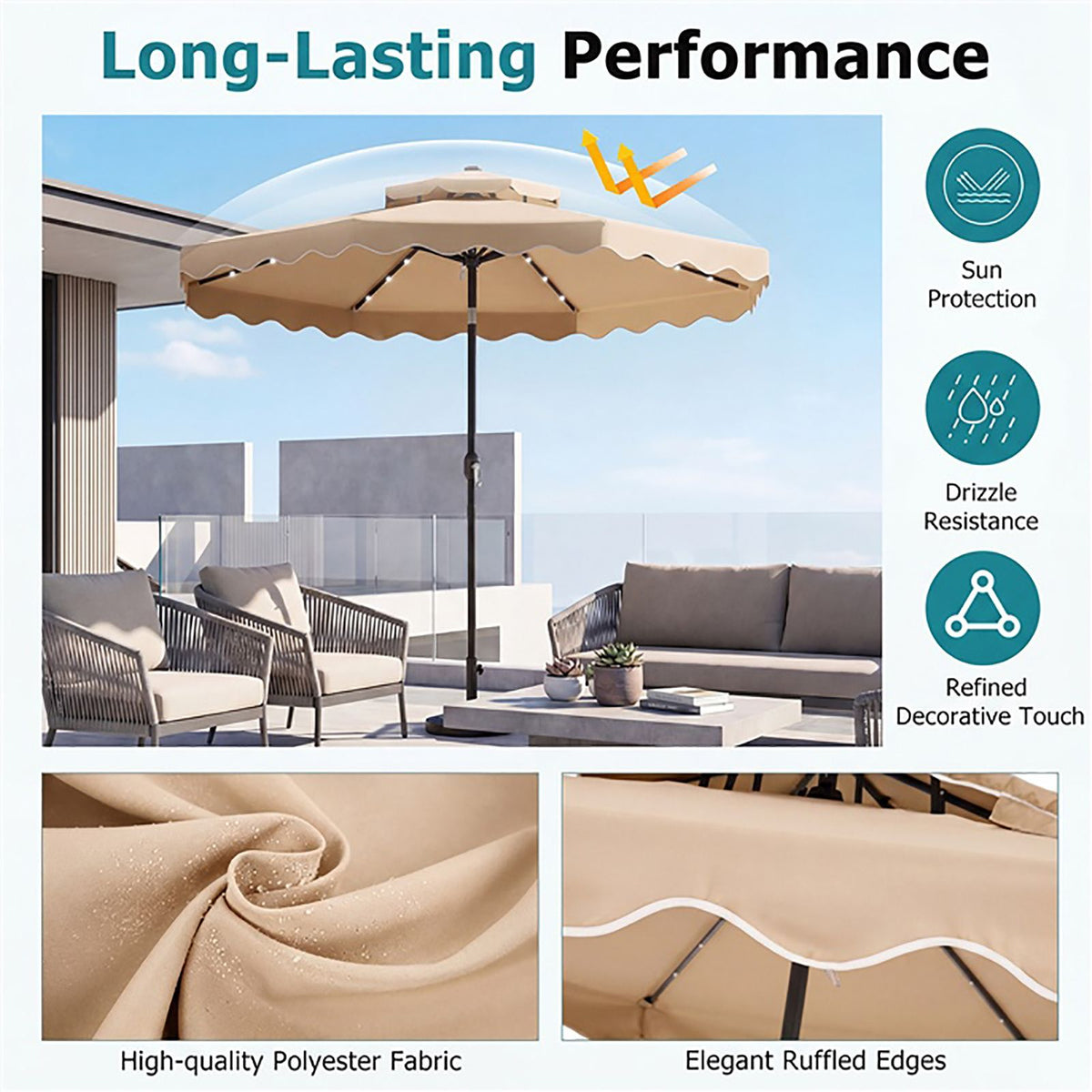 3m Solar LED Patio Umbrella with 24 Lights and 2 Tier Vented Canopy