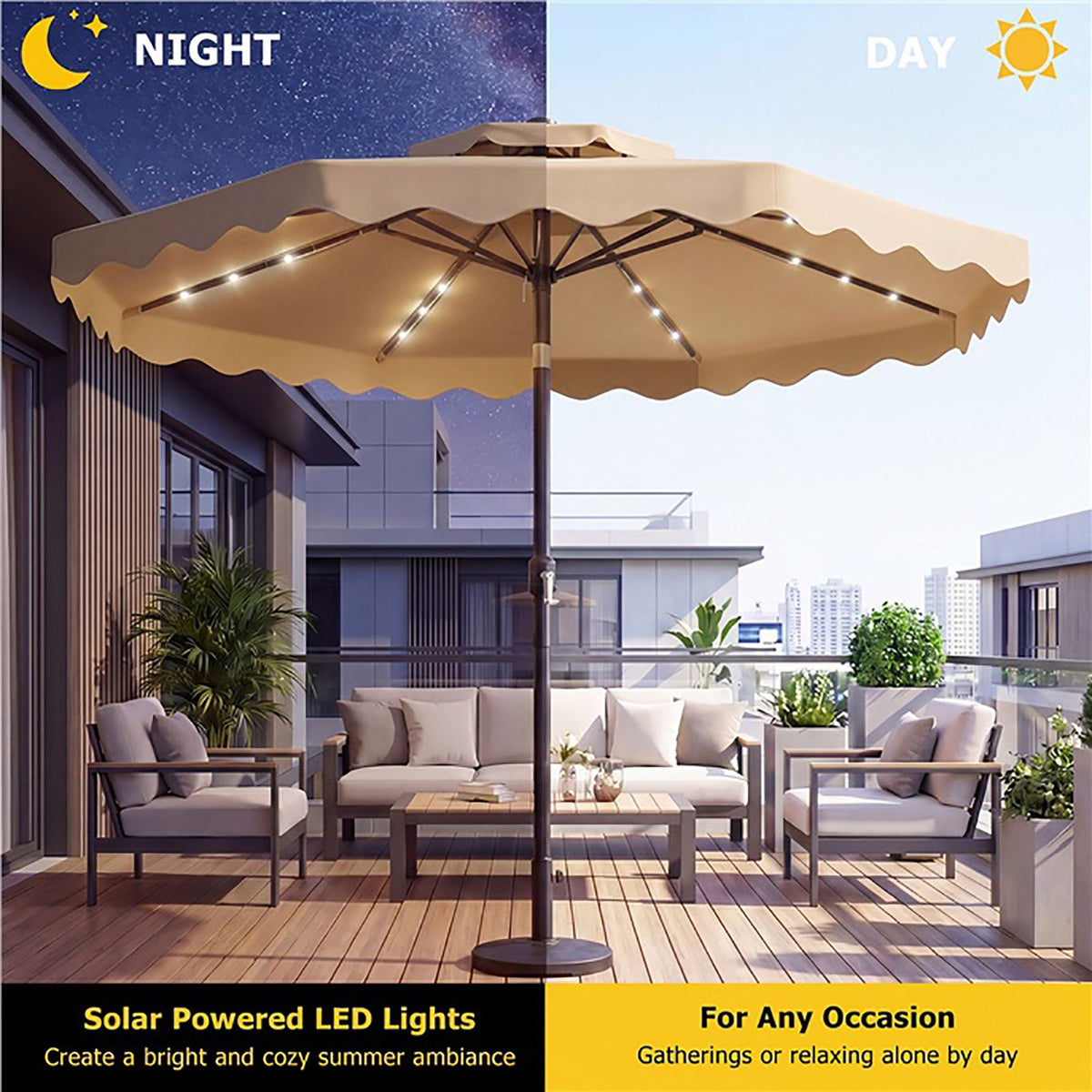 3m Solar LED Patio Umbrella with 24 Lights and 2 Tier Vented Canopy