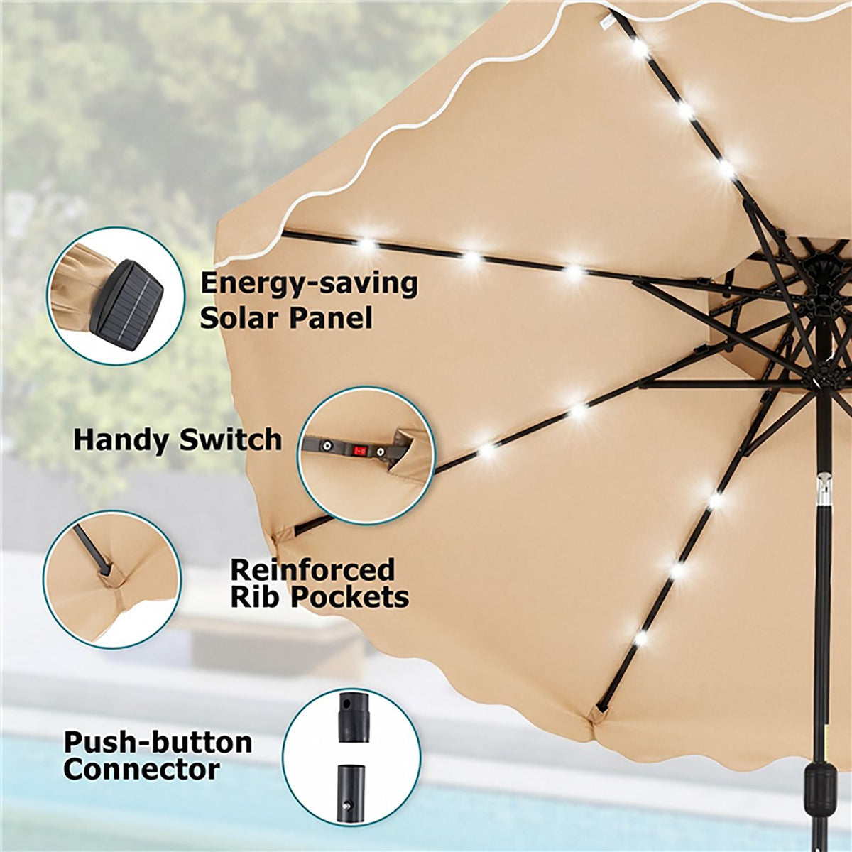 3m Solar LED Patio Umbrella with 24 Lights and 2 Tier Vented Canopy