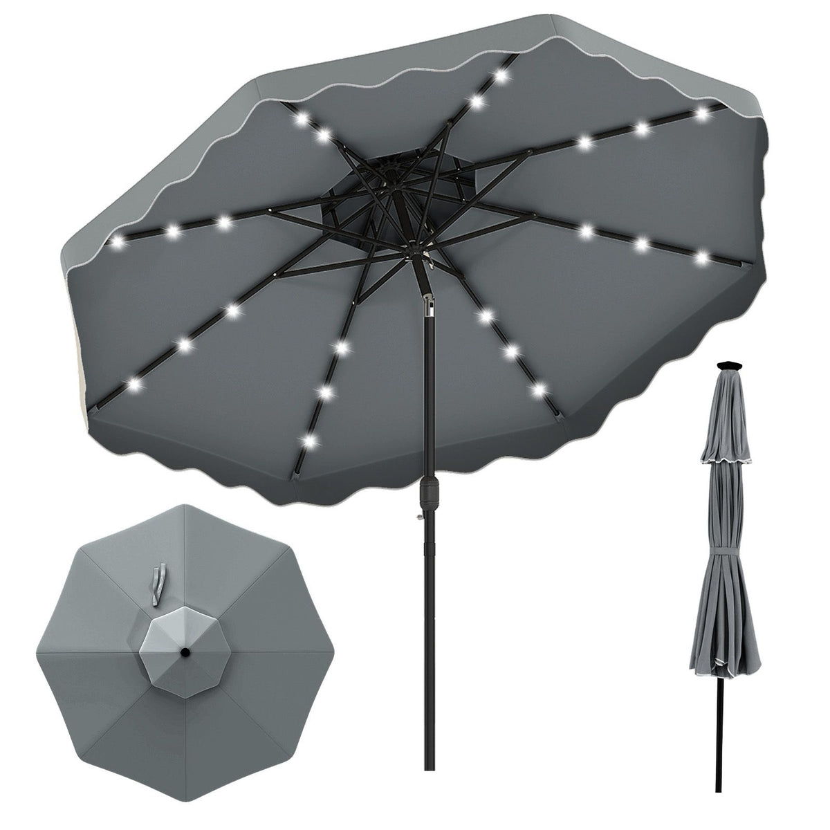 3m Solar LED Patio Umbrella with 24 Lights and 2 Tier Vented Canopy