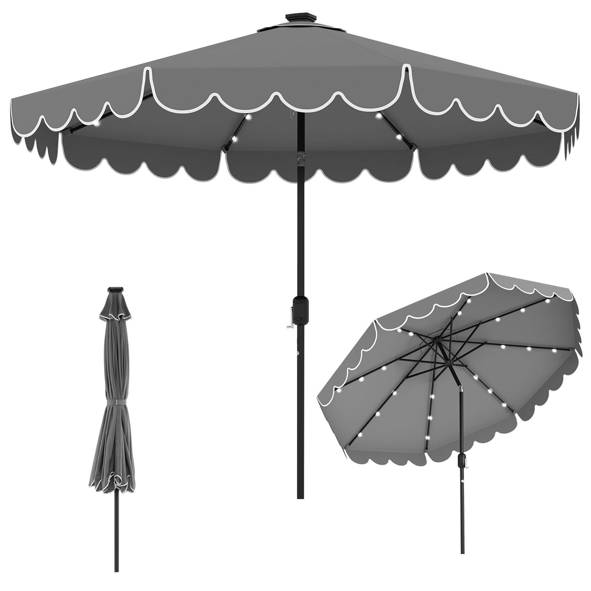 3m Solar Patio Umbrella with 24 LED Lights Vented Top and Ruffles