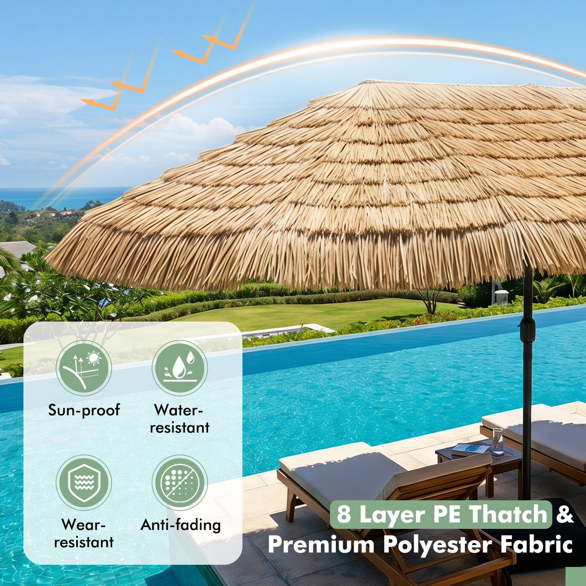4.5x2.8M Double Sided Thatched Tiki Umbrella with Crank and 12 Ribs