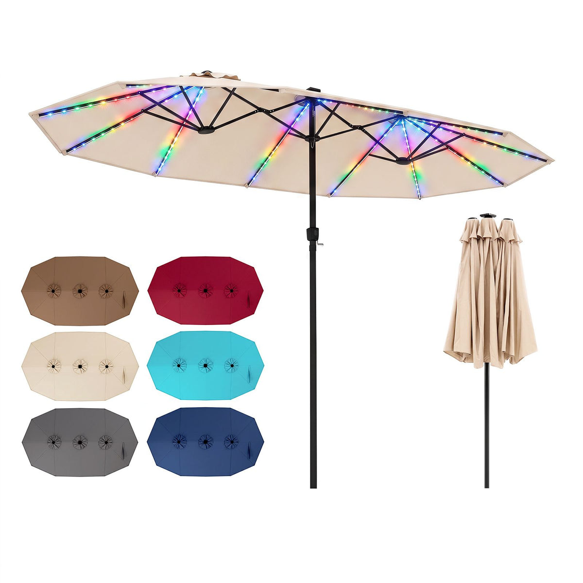 4.7m Extra-Large Patio Umbrella Outdoor Double-Sided Market Umbrella with 144 Solar LED Beads