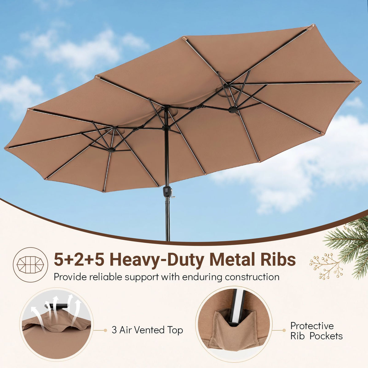 4.7m Extra-Large Patio Umbrella Outdoor Double-Sided Market Umbrella with 144 Solar LED Beads