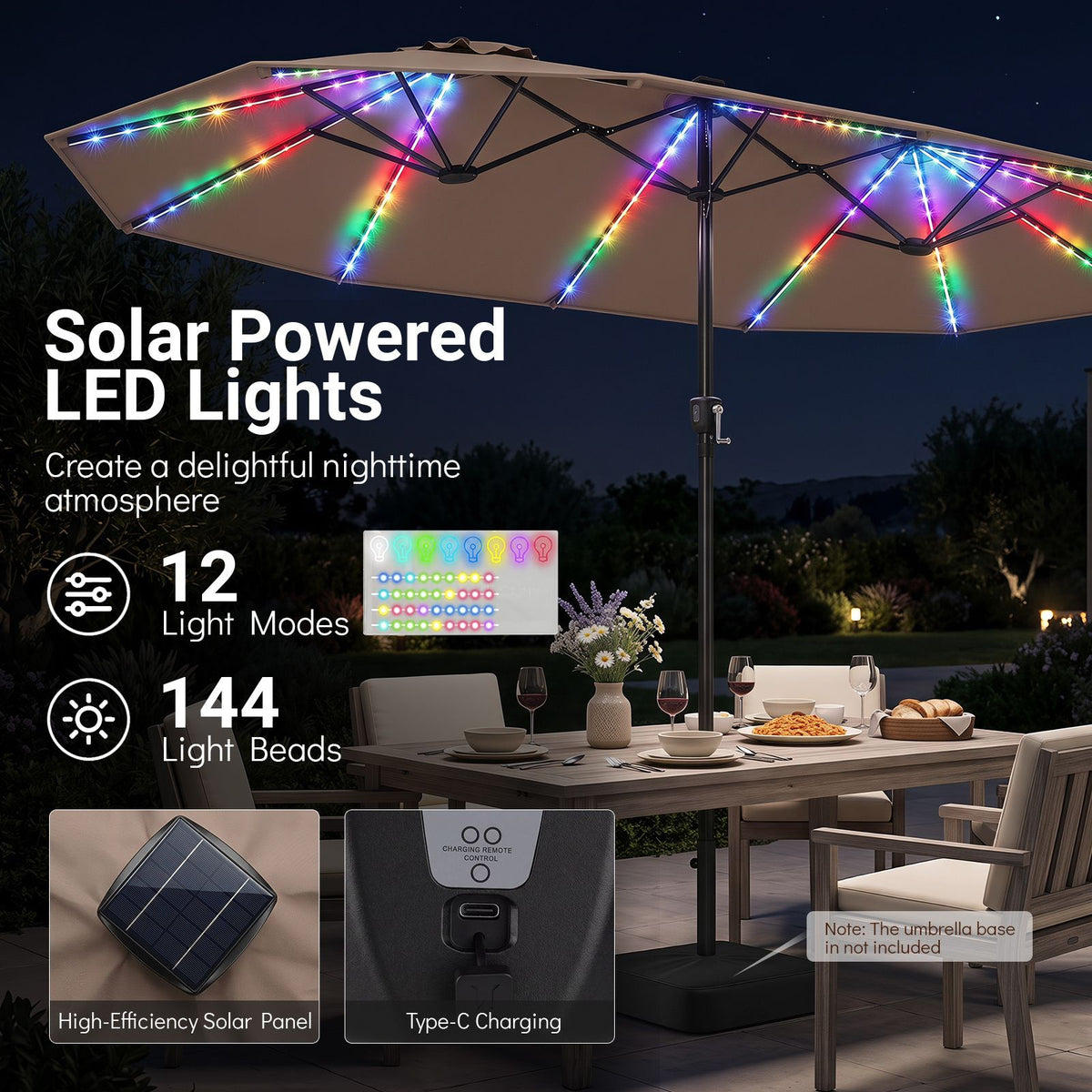 4.7m Extra-Large Patio Umbrella Outdoor Double-Sided Market Umbrella with 144 Solar LED Beads