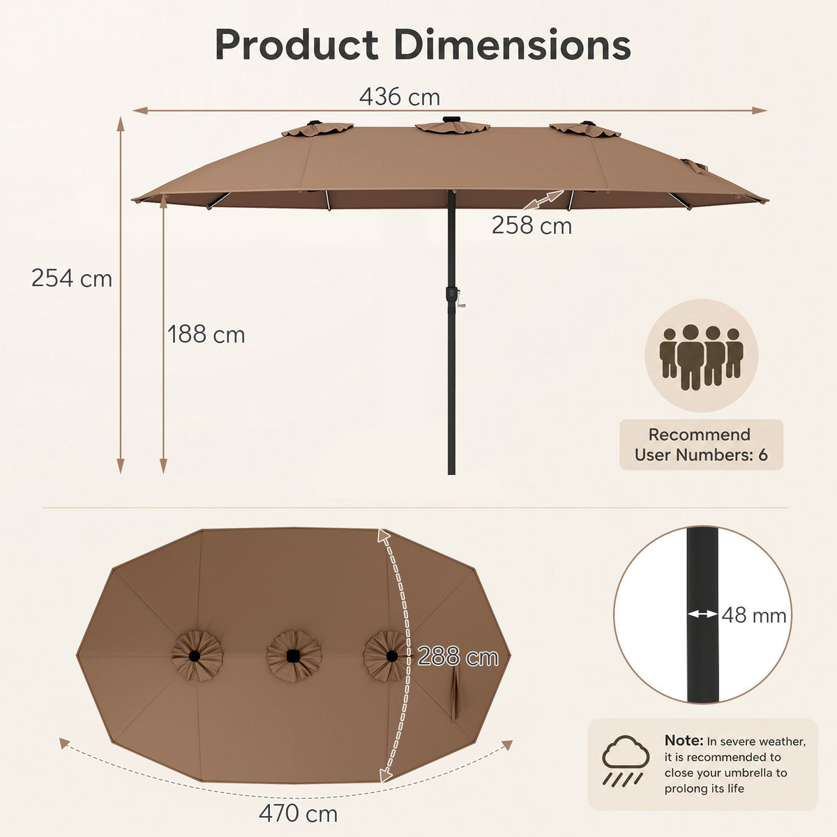 4.7m Extra-Large Patio Umbrella Outdoor Double-Sided Market Umbrella with 144 Solar LED Beads