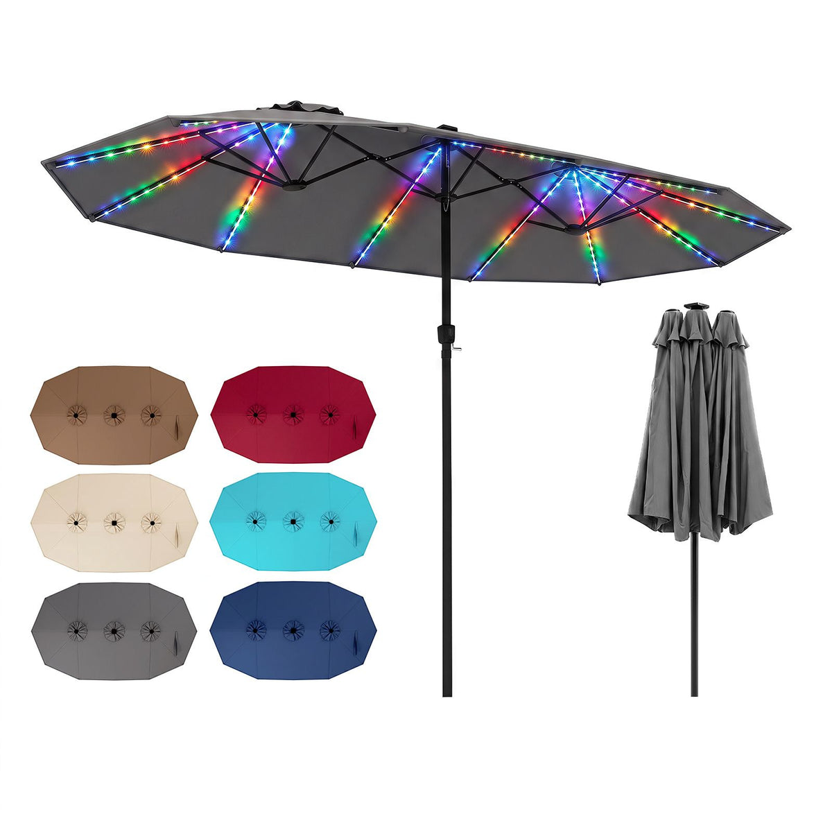 4.7m Extra-Large Patio Umbrella Outdoor Double-Sided Market Umbrella with 144 Solar LED Beads