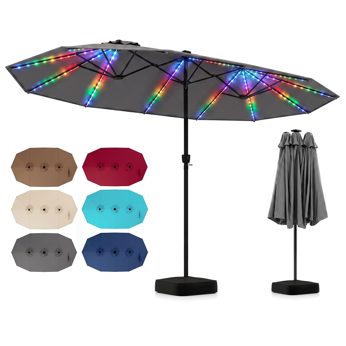 4.7m Extra-Large Patio Umbrella Outdoor Double-Sided Market Umbrella with 144 Solar LED Beads